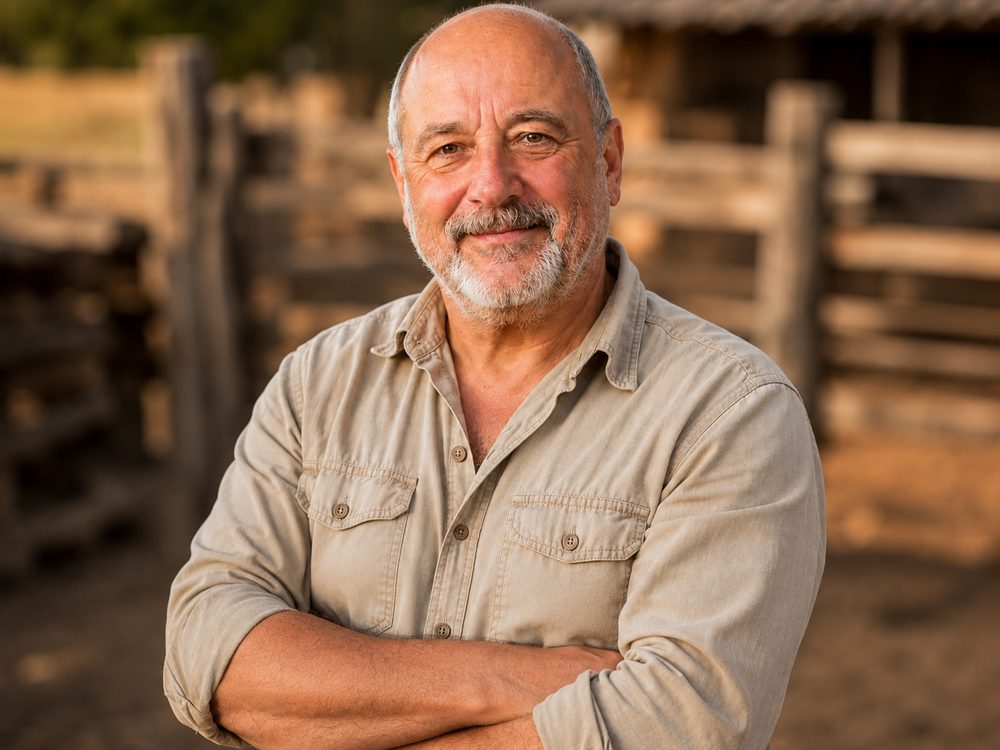Carlos Vega, arms folded, in front of a wooden corral